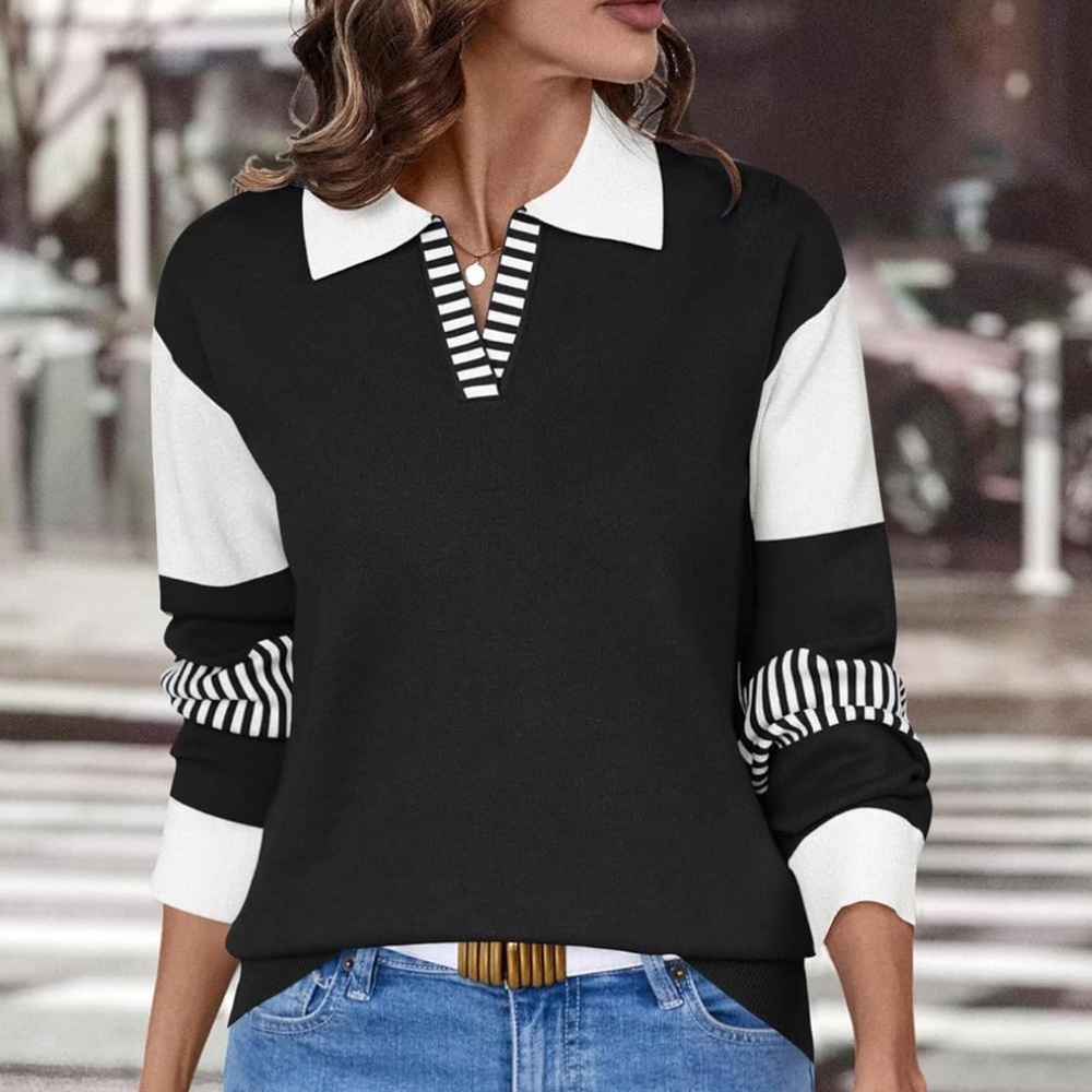 Stylish Black & White Deep V Neck Collared Long Sleeve Top🖤
